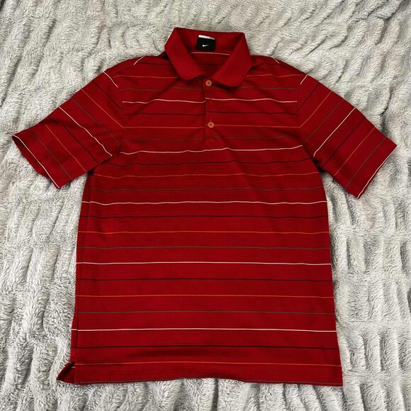 Nike Golf Polo Shirt Men S Short Sleeve Red Striped Fit Dry Performance Top - Picture 1 of 9